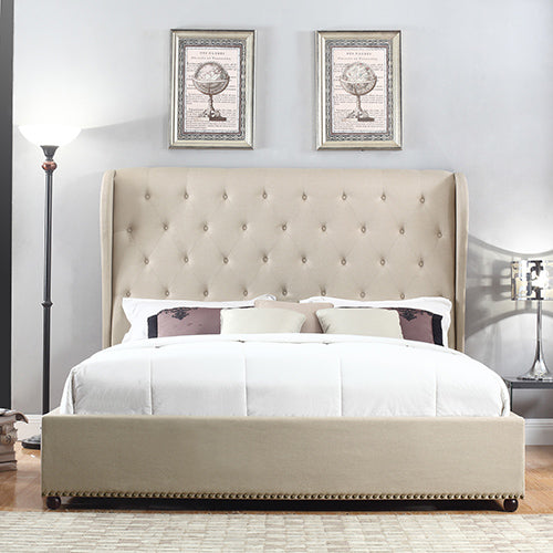 Bed Frame Queen Size in Beige Fabric Upholstered French Provincial High Bedhead-Furniture > Bedroom-PEROZ Accessories