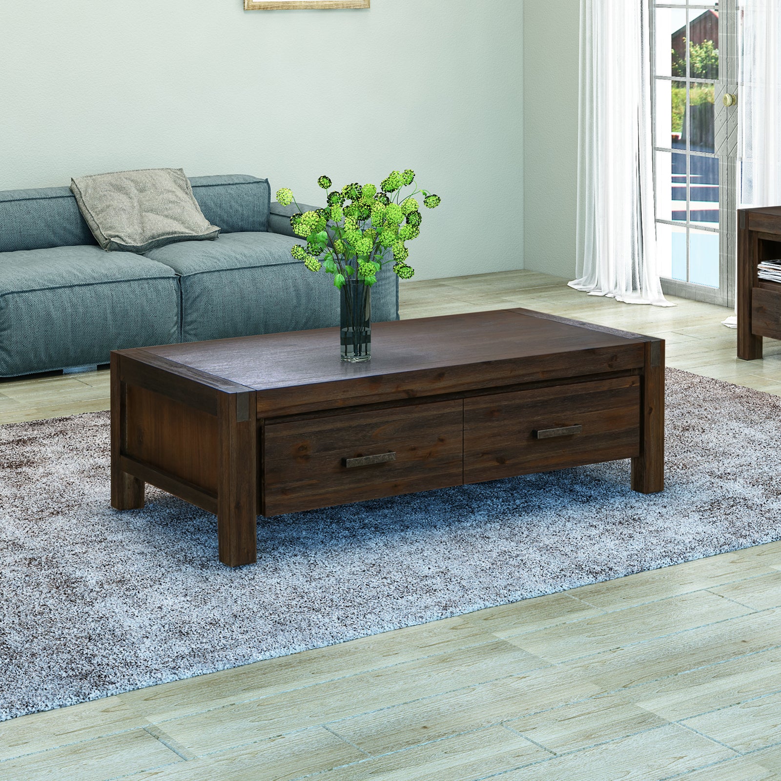 Coffee Table Solid Acacia Wood & Veneer 1 Drawers Storage Chocolate Colour-Furniture > Living Room-PEROZ Accessories