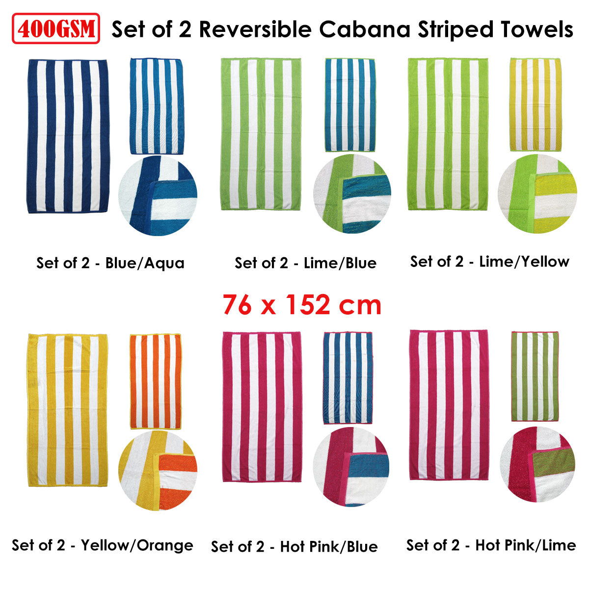 Set of 2 Reversible Cabana Striped Towels Lime/Blue-Home & Garden > Bathroom Accessories-PEROZ Accessories