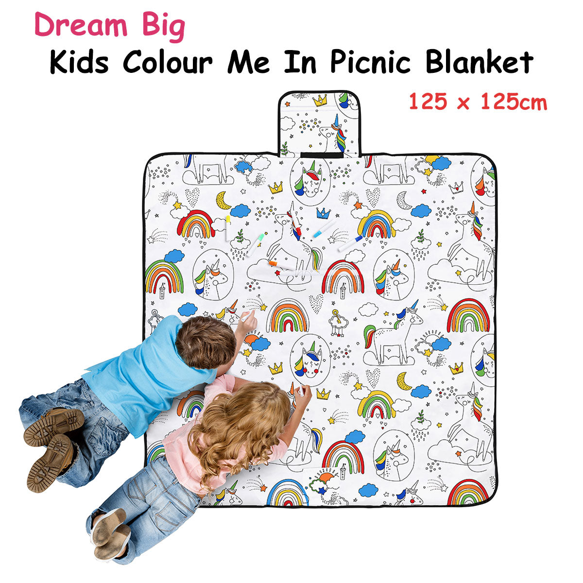Happy Kids Dream Big Colour Me In Picnic Blanket 125 x 125 cm-Home & Garden > Bedding-PEROZ Accessories