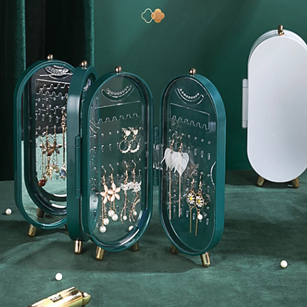 Jewellery Storage Box Earrings Display Necklace Organizer 4 Doors Foldable Screen (Green)-Home & Garden > Storage-PEROZ Accessories
