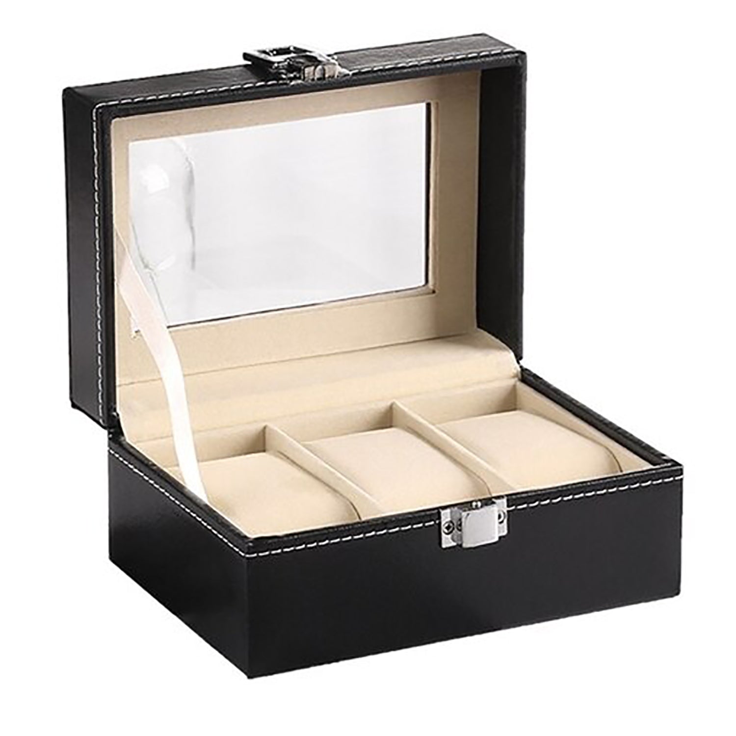 Watch Box Organizer Case Jewelry Display Tray Glass Top PU Leather(3 Slot)-Home & Garden > Storage-PEROZ Accessories