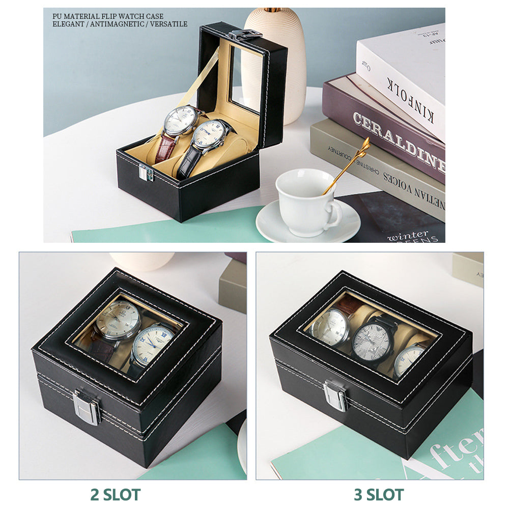 Watch Box Organizer Case Jewelry Display Tray Glass Top PU Leather(3 Slot)-Home & Garden > Storage-PEROZ Accessories