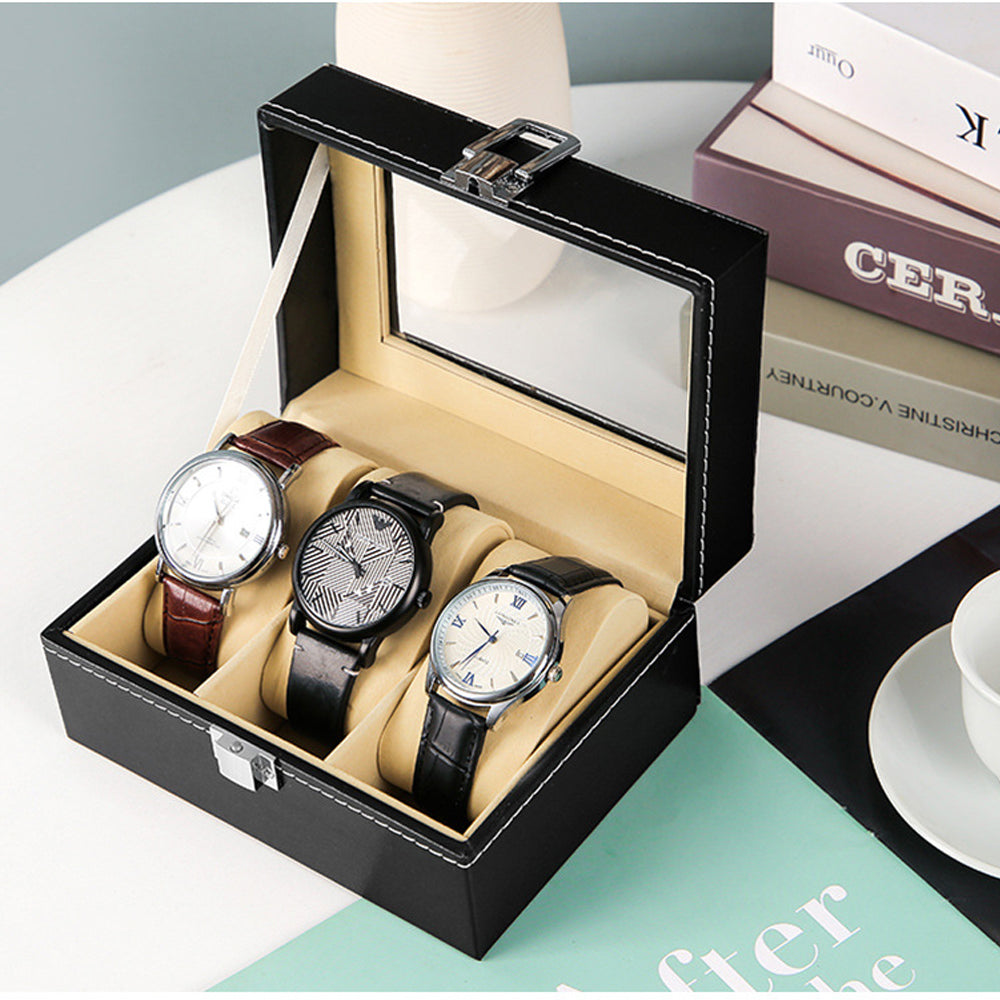 Watch Box Organizer Case Jewelry Display Tray Glass Top PU Leather(3 Slot)-Home & Garden > Storage-PEROZ Accessories