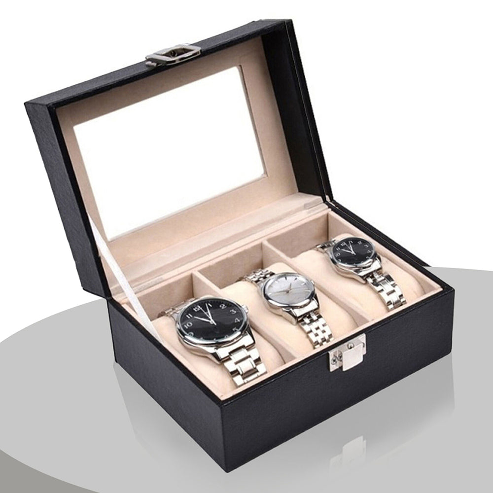 Watch Box Organizer Case Jewelry Display Tray Glass Top PU Leather(3 Slot)-Home & Garden > Storage-PEROZ Accessories