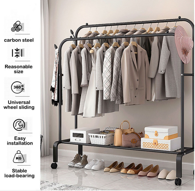 Double Clothes Rack Steel Garment Coat Hanger Stand Closet Shoes Storage Shelf-Home & Garden > Storage-PEROZ Accessories