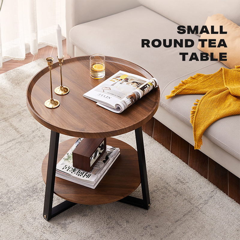 Side Round Coffee Table Retro 2-Tier Wooden Industrial Style-Electronics > Computers & Tablets-PEROZ Accessories
