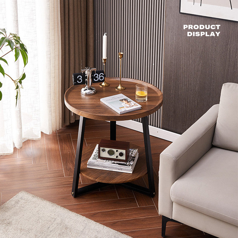 Side Round Coffee Table Retro 2-Tier Wooden Industrial Style-Electronics > Computers & Tablets-PEROZ Accessories