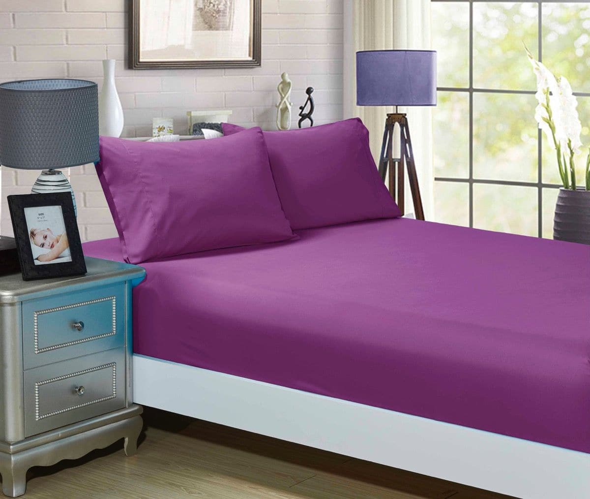 1000TC Ultra Soft Fitted Sheet & 2 Pillowcases Set - King Size Bed - Purple-Home & Garden > Bedding-PEROZ Accessories