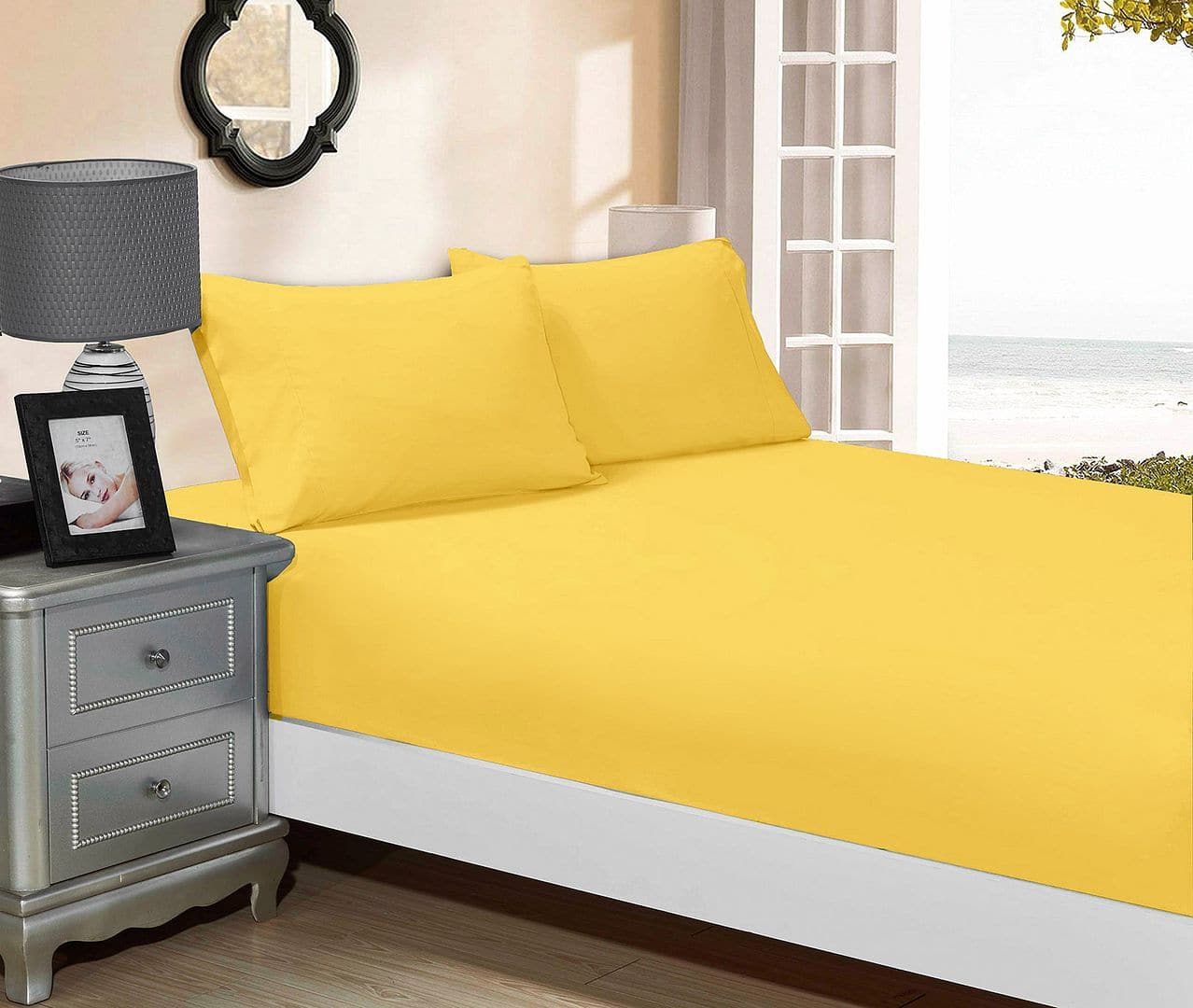 1000TC Ultra Soft Fitted Sheet & 2 Pillowcases Set - King Size Bed - Yellow-Home & Garden > Bedding-PEROZ Accessories