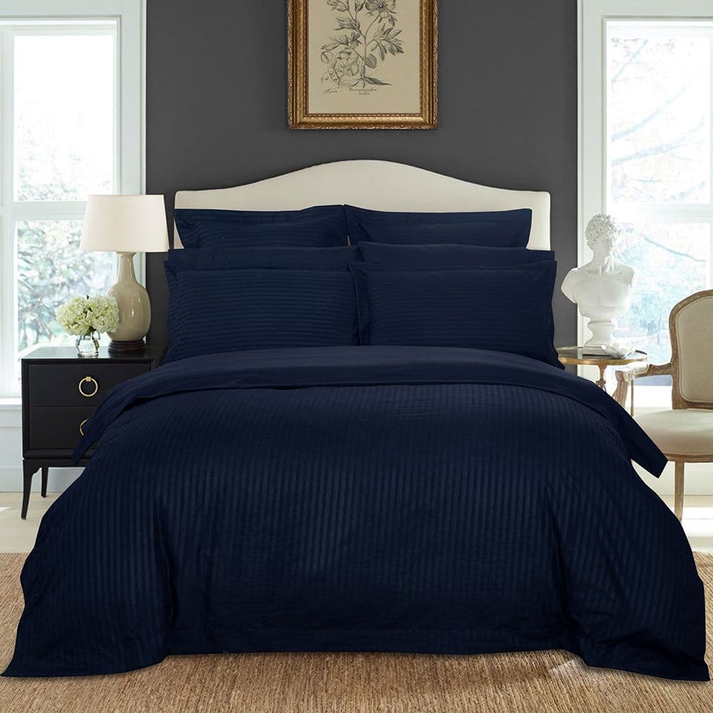 1000TC Ultra Soft Striped Super King Size Midnight Blue Duvet Doona Quilt Cover Set-Home & Garden > Bedding-PEROZ Accessories