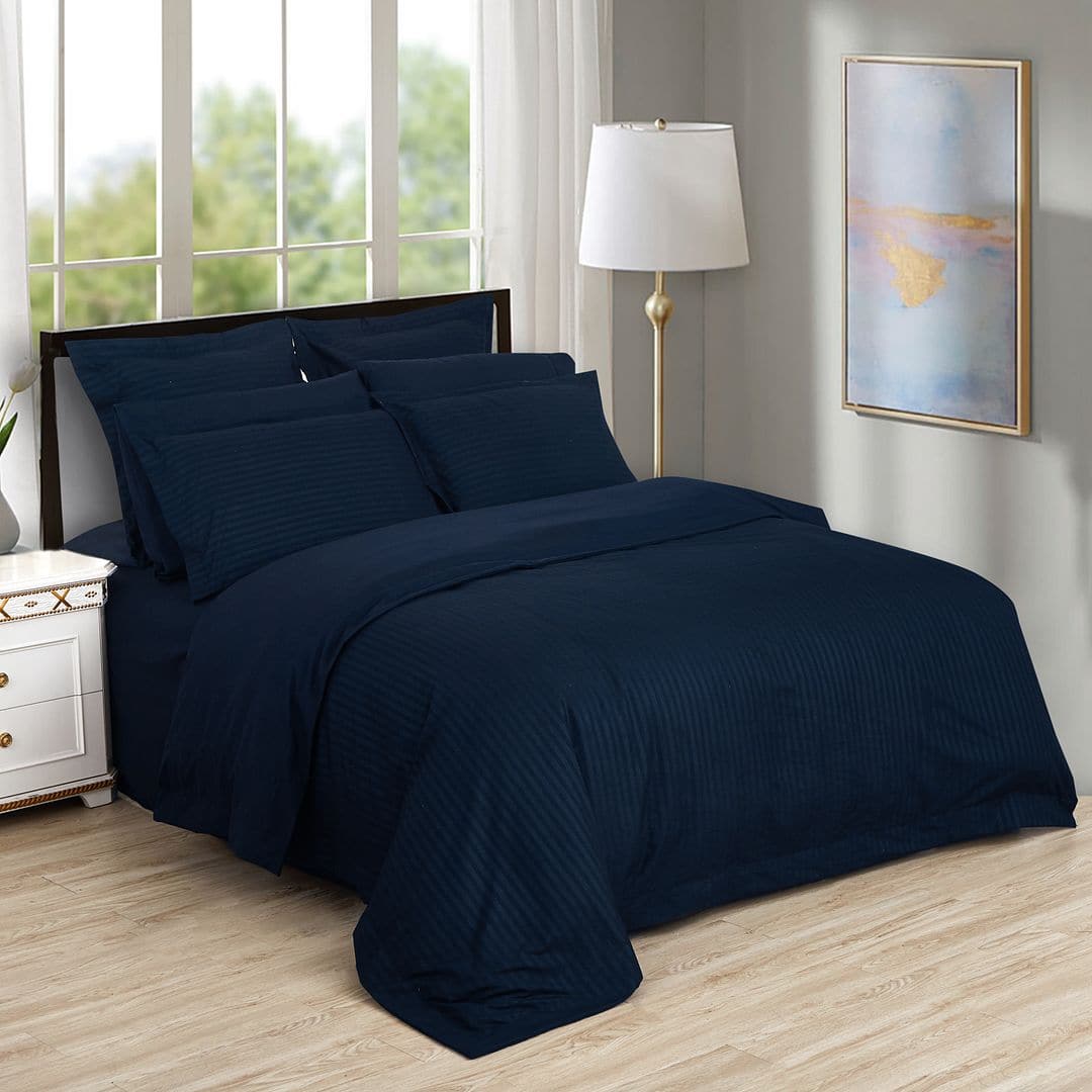 1000TC Ultra Soft Striped Super King Size Midnight Blue Duvet Doona Quilt Cover Set-Home & Garden > Bedding-PEROZ Accessories