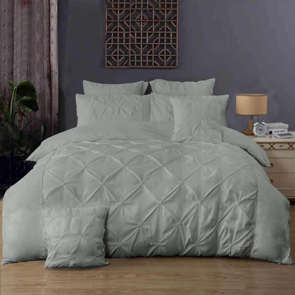 Diamond Pintuck King Size Grey Duvet Doona Quilt Cover Set-Home & Garden > Bedding-PEROZ Accessories