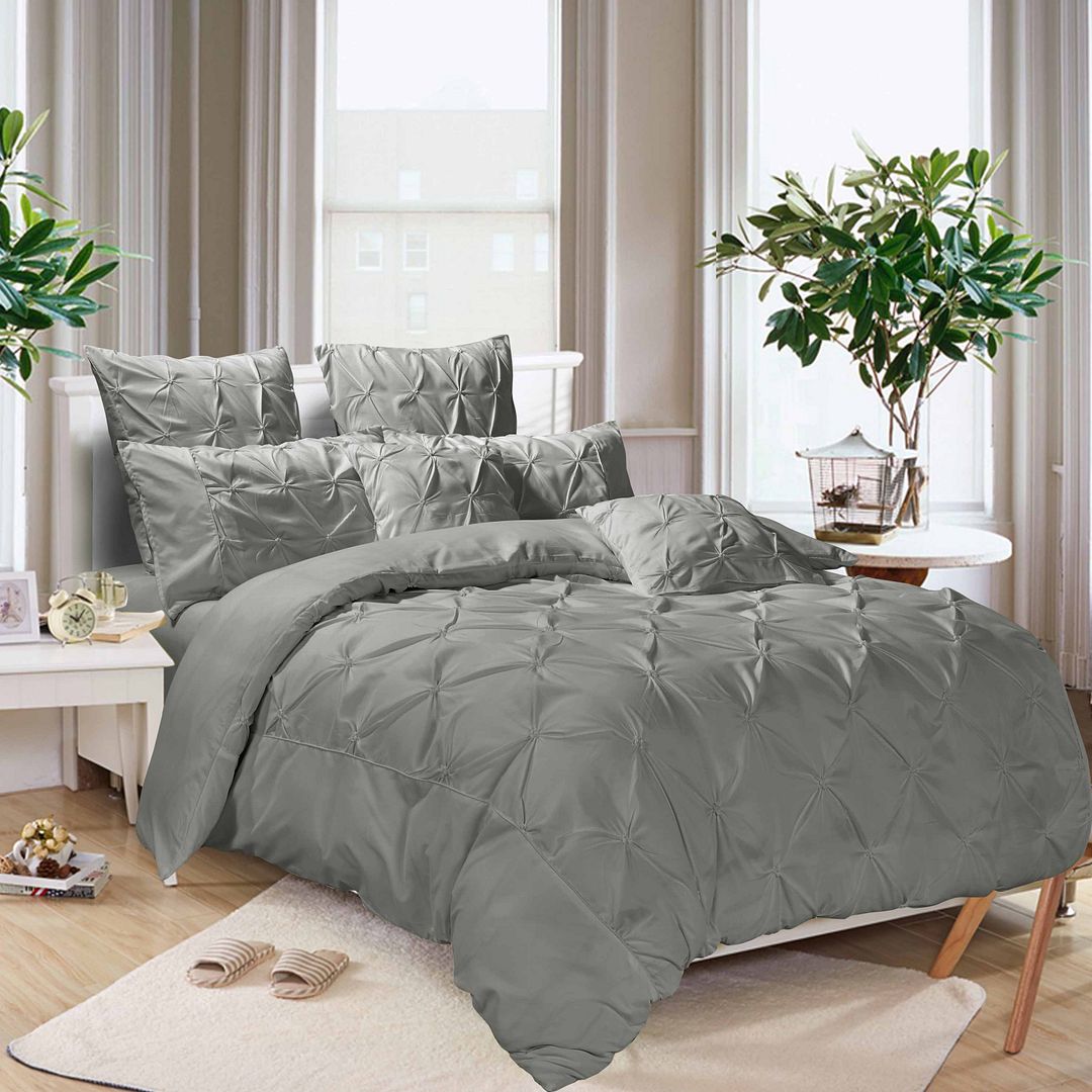 Diamond Pintuck King Size Grey Duvet Doona Quilt Cover Set-Home & Garden > Bedding-PEROZ Accessories