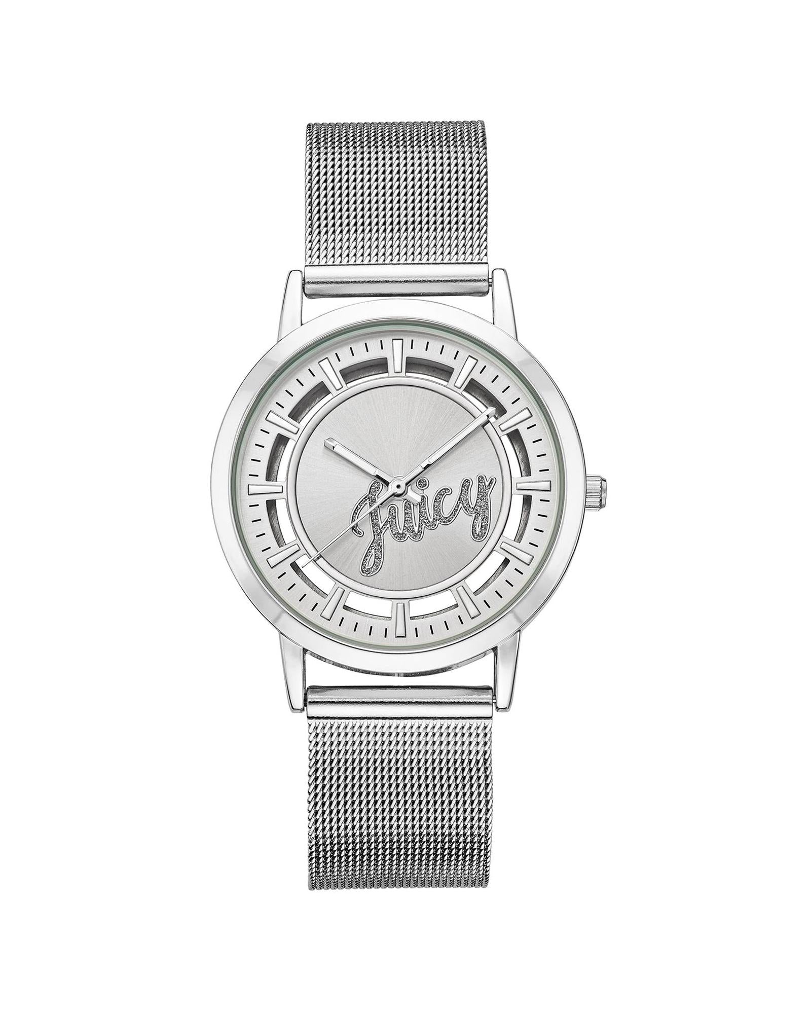 Silver Analog Quartz Bangle Watch with Rhinestone Detail One Size Women-Women&