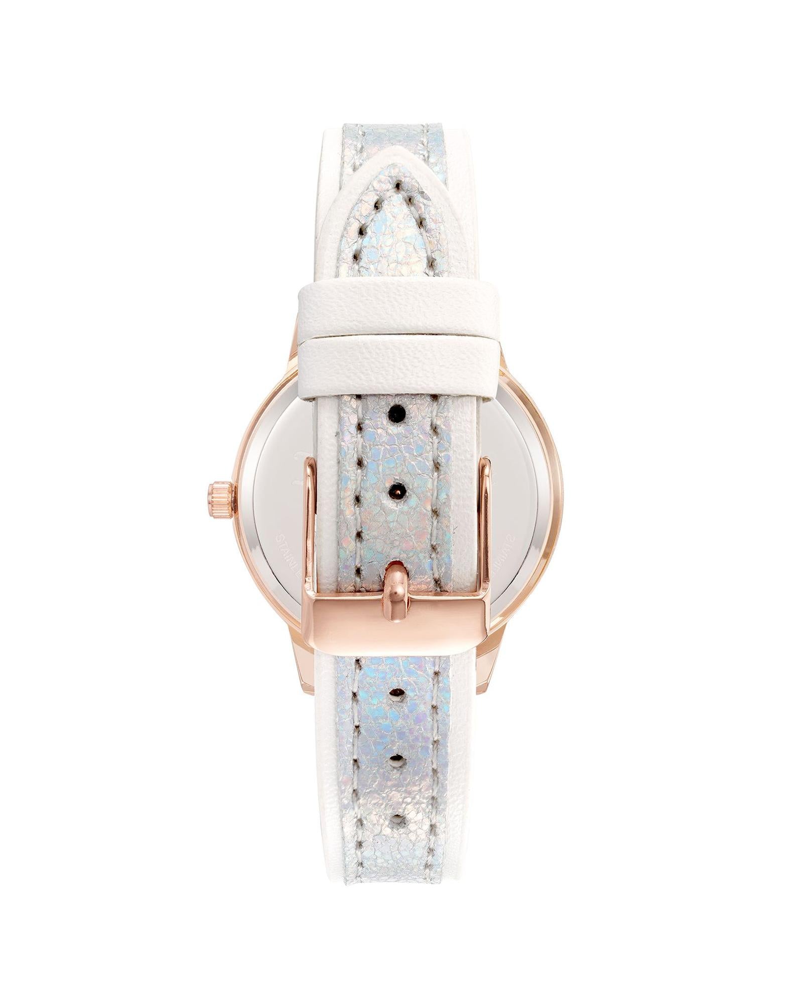 Rose Gold Analog Womens Fashion Watch with Rhinestone Detail and White Leatherette Strap One Size Women-Women&