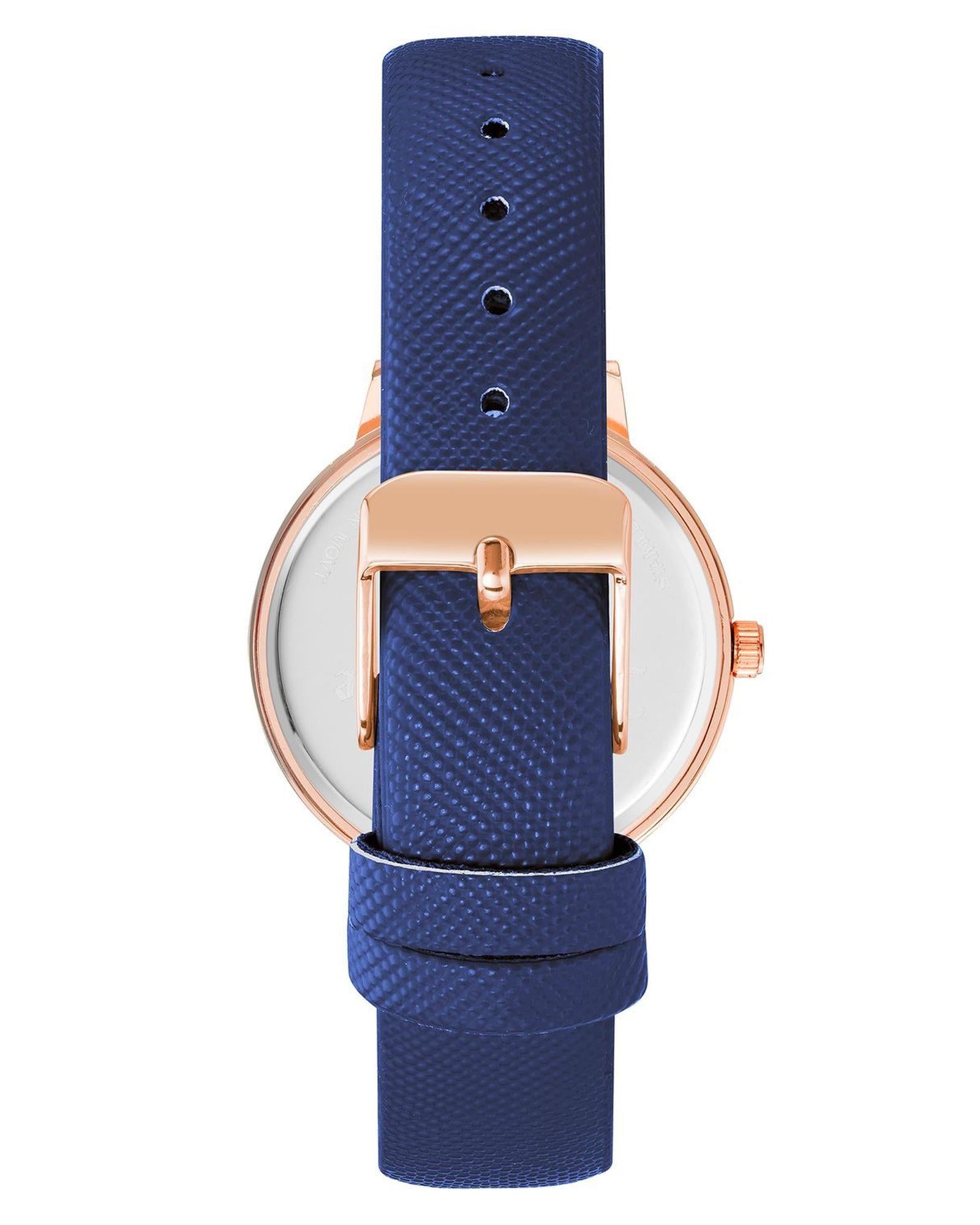 Rose Gold Analog Rhinestone Fashion Watch with Blue Leatherette Strap One Size Women-Women&
