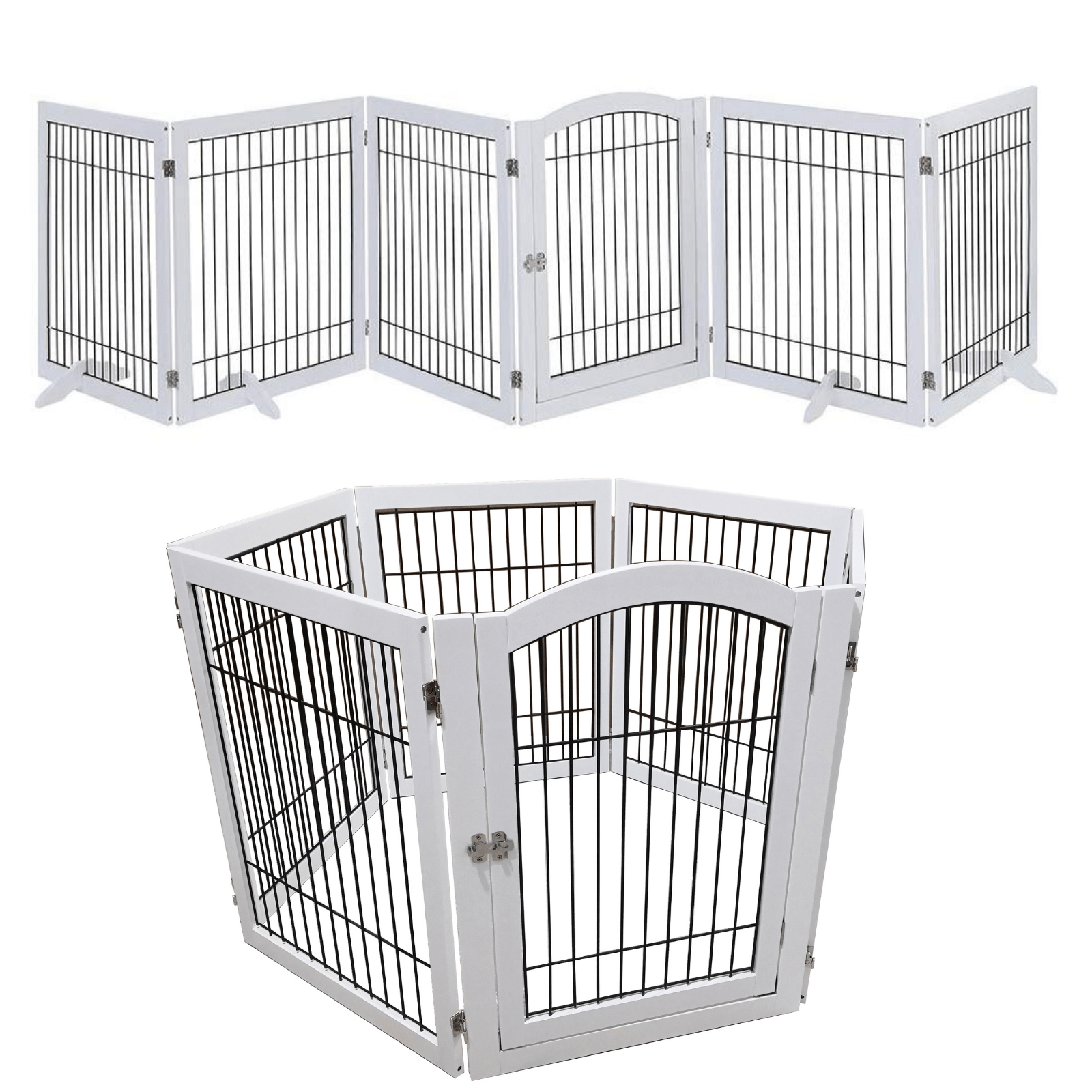 Wooden Dog Pen and Six Panel Pet Gate, White-Pet Care > Dog Supplies-PEROZ Accessories