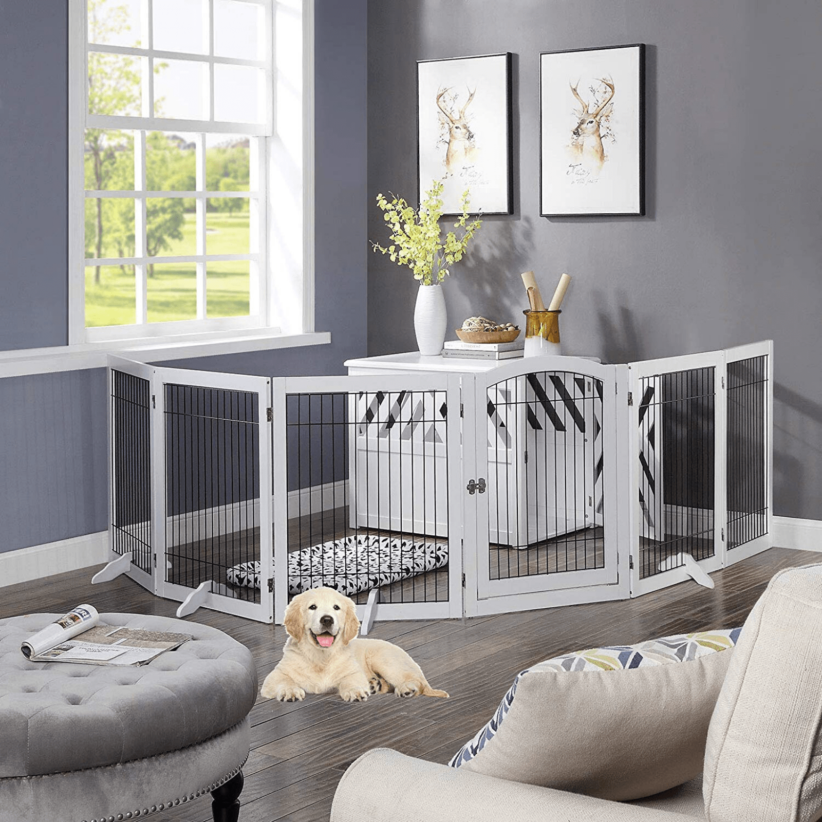 Wooden Dog Pen and Six Panel Pet Gate, White-Pet Care > Dog Supplies-PEROZ Accessories