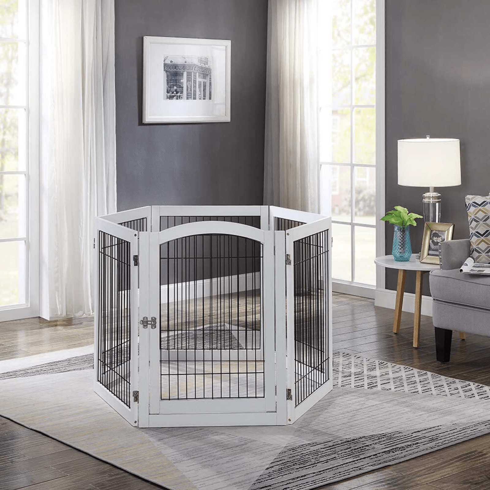 Wooden Dog Pen and Six Panel Pet Gate, White-Pet Care > Dog Supplies-PEROZ Accessories