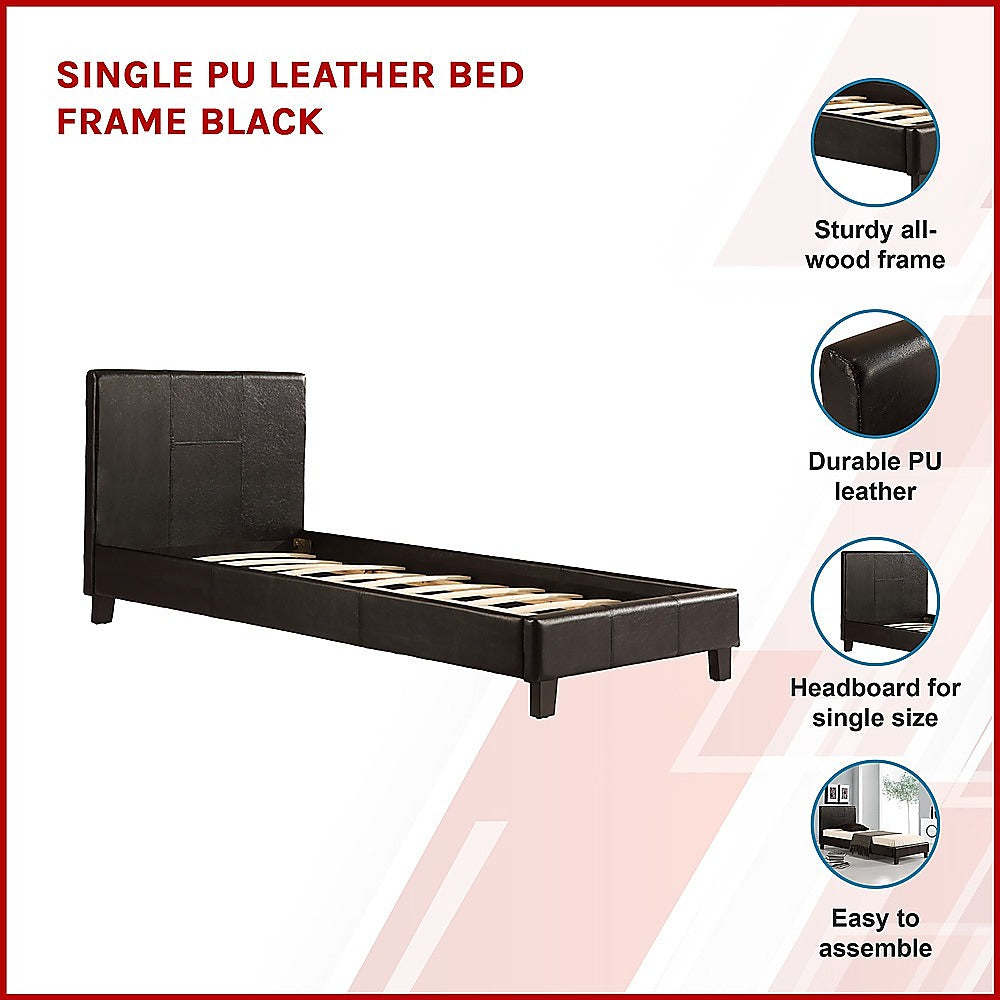 Single PU Leather Bed Frame Black-Furniture > Bedroom-PEROZ Accessories