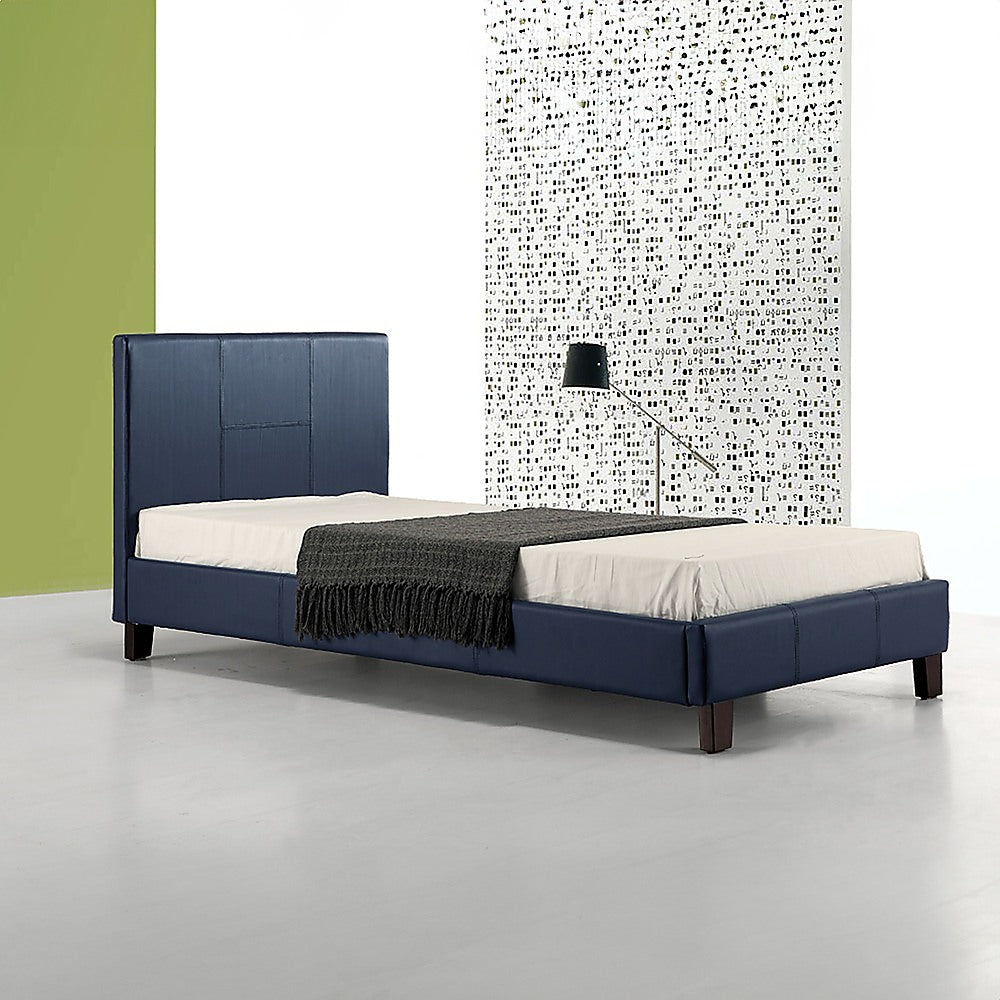 Single PU Leather Bed Frame Blue-Bed Frames-PEROZ Accessories