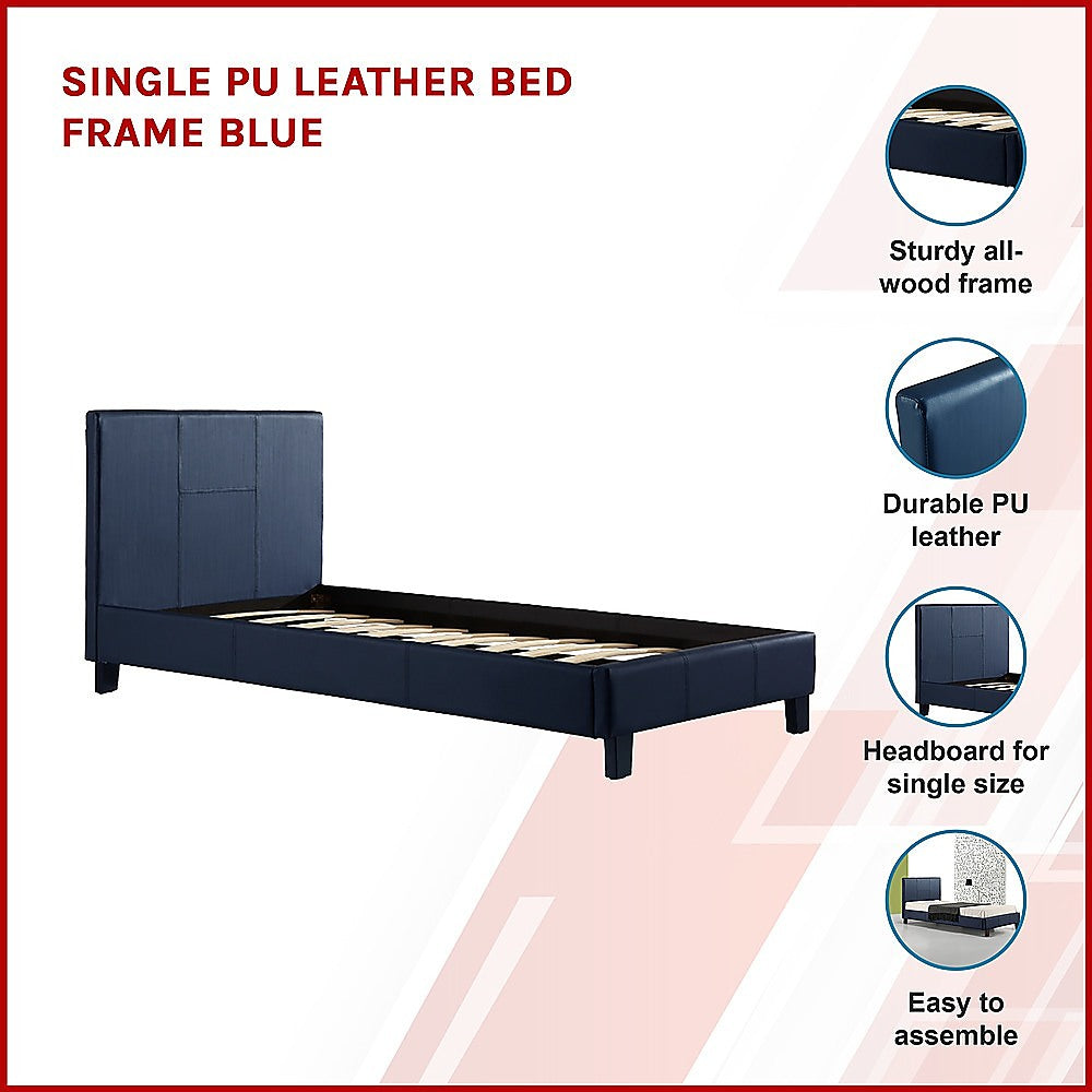 Single PU Leather Bed Frame Blue-Bed Frames-PEROZ Accessories