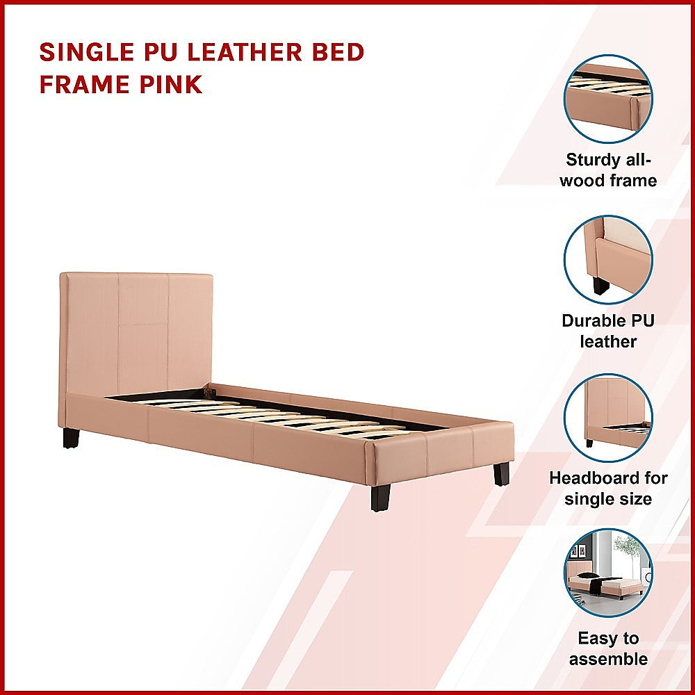 Single PU Leather Bed Frame Pink-Bed Frames-PEROZ Accessories