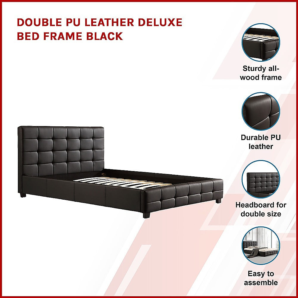 Double PU Leather Deluxe Bed Frame Black-Furniture > Bedroom-PEROZ Accessories