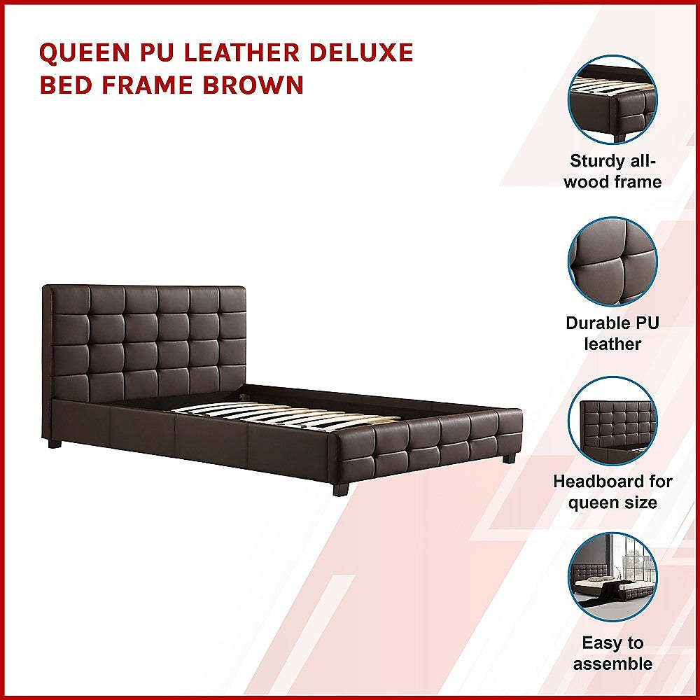 Queen PU Leather Deluxe Bed Frame Brown-Furniture > Bedroom-PEROZ Accessories