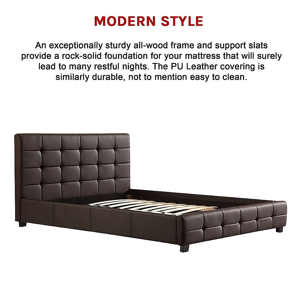 Queen PU Leather Deluxe Bed Frame Brown-Furniture > Bedroom-PEROZ Accessories