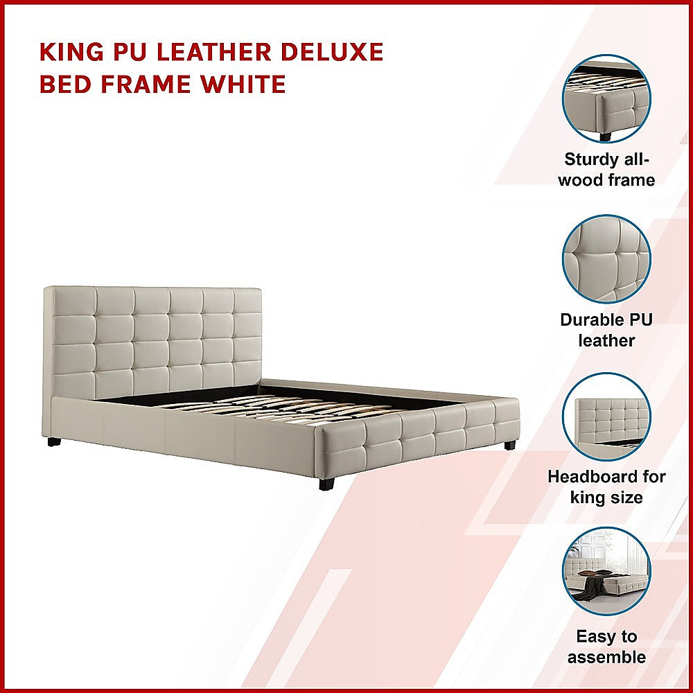 King PU Leather Deluxe Bed Frame White-Bed Frames-PEROZ Accessories