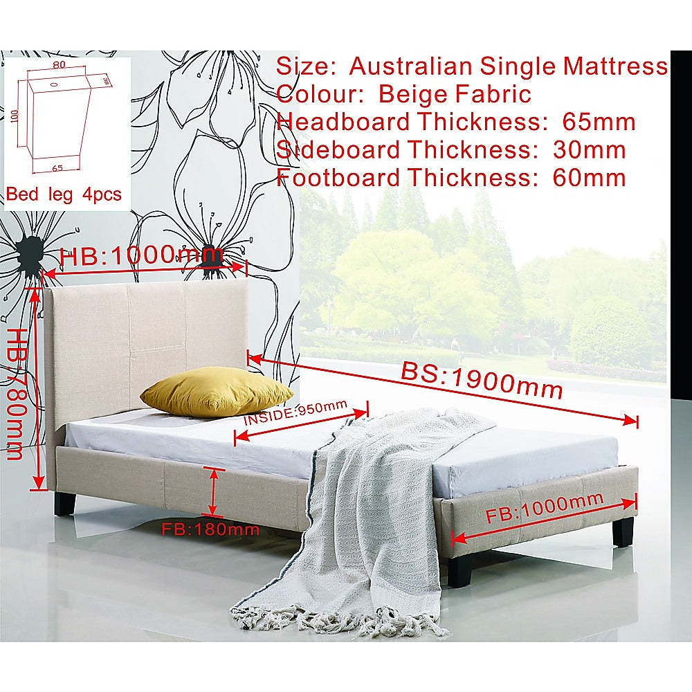 Single Linen Fabric Bed Frame Beige-Furniture > Bedroom-PEROZ Accessories