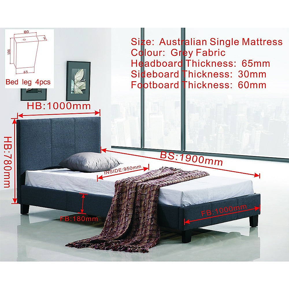 Single Linen Fabric Bed Frame Grey-Furniture > Bedroom-PEROZ Accessories