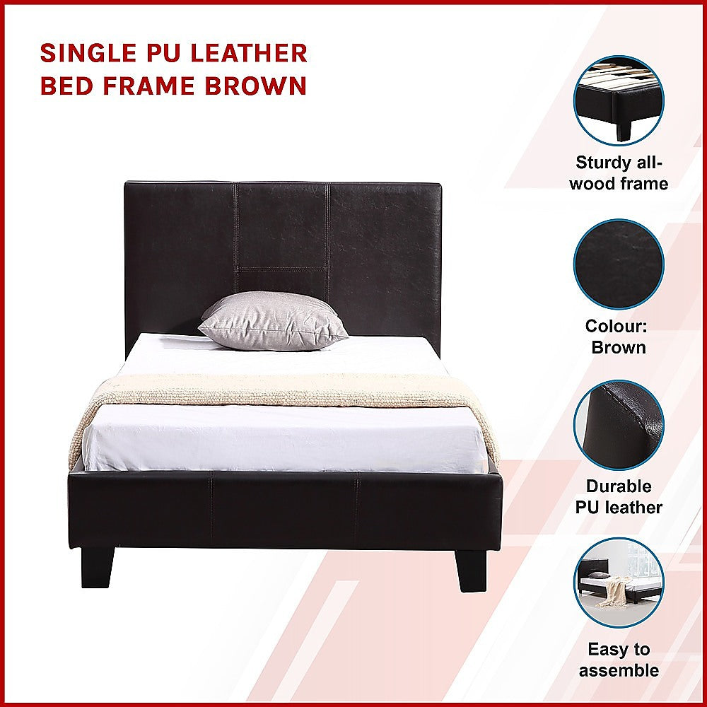 Single PU Leather Bed Frame Brown-Furniture > Bedroom-PEROZ Accessories