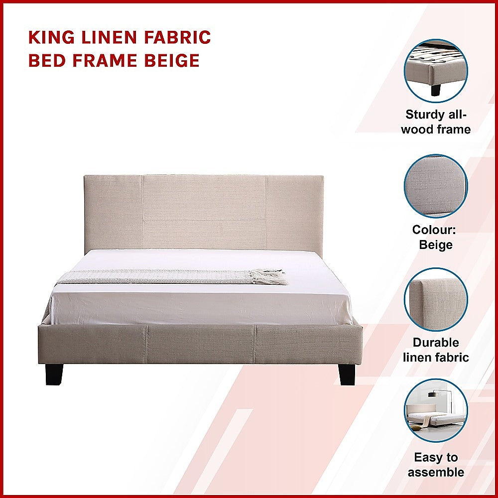 King Linen Fabric Bed Frame Beige-Furniture > Bedroom-PEROZ Accessories