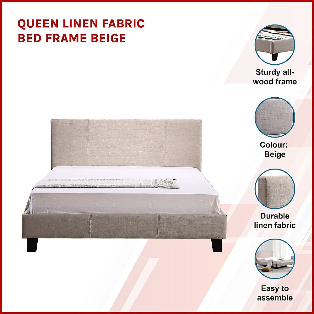 Queen Linen Fabric Bed Frame Beige-Furniture > Bedroom-PEROZ Accessories