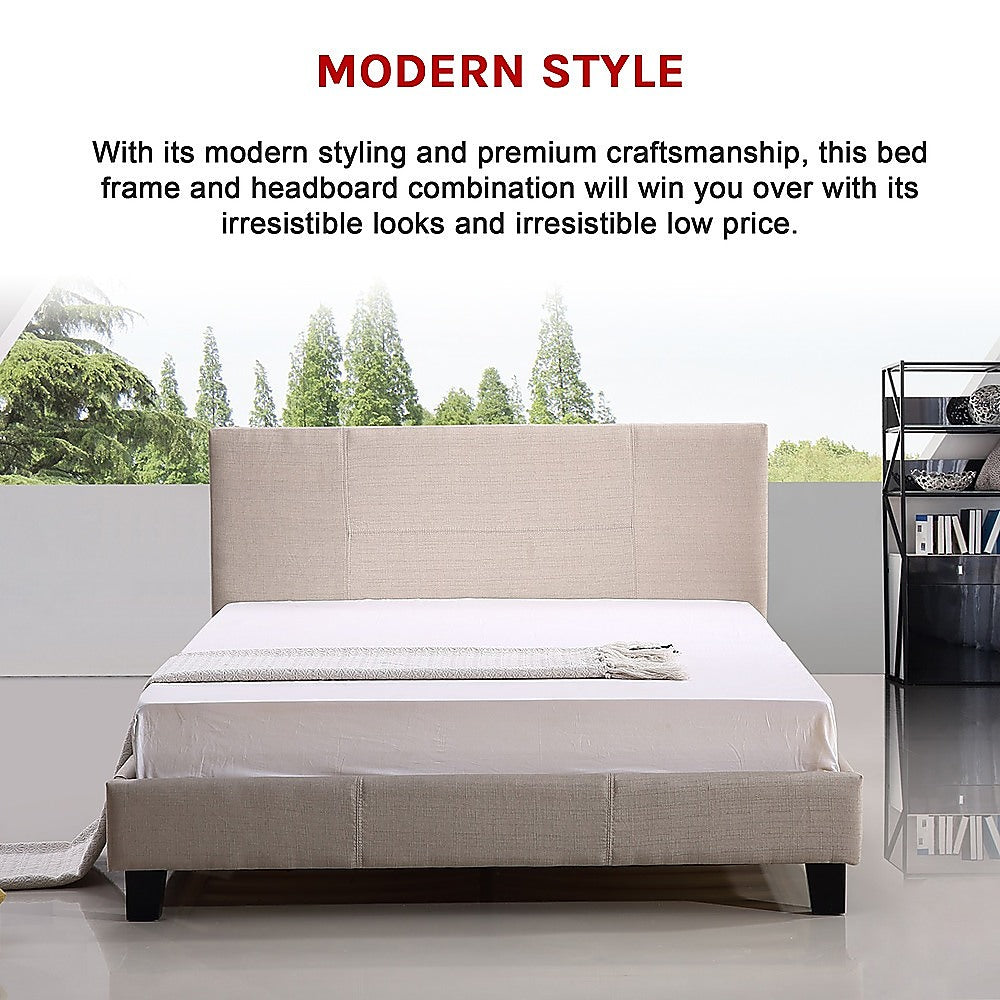 Queen Linen Fabric Bed Frame Beige-Furniture > Bedroom-PEROZ Accessories