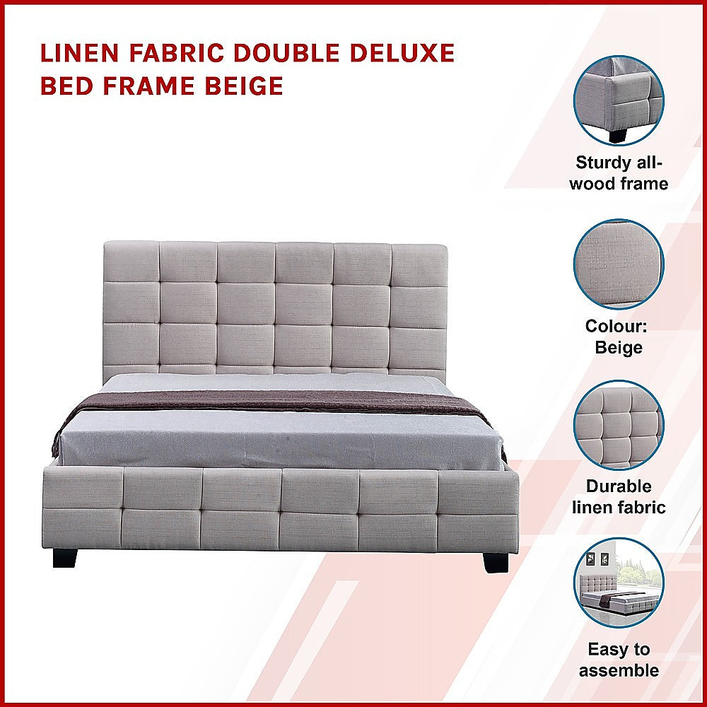 Linen Fabric Double Deluxe Bed Frame Beige-Furniture > Bedroom-PEROZ Accessories