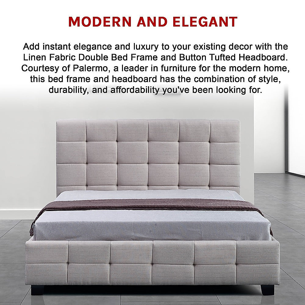 Linen Fabric Double Deluxe Bed Frame Beige-Furniture > Bedroom-PEROZ Accessories