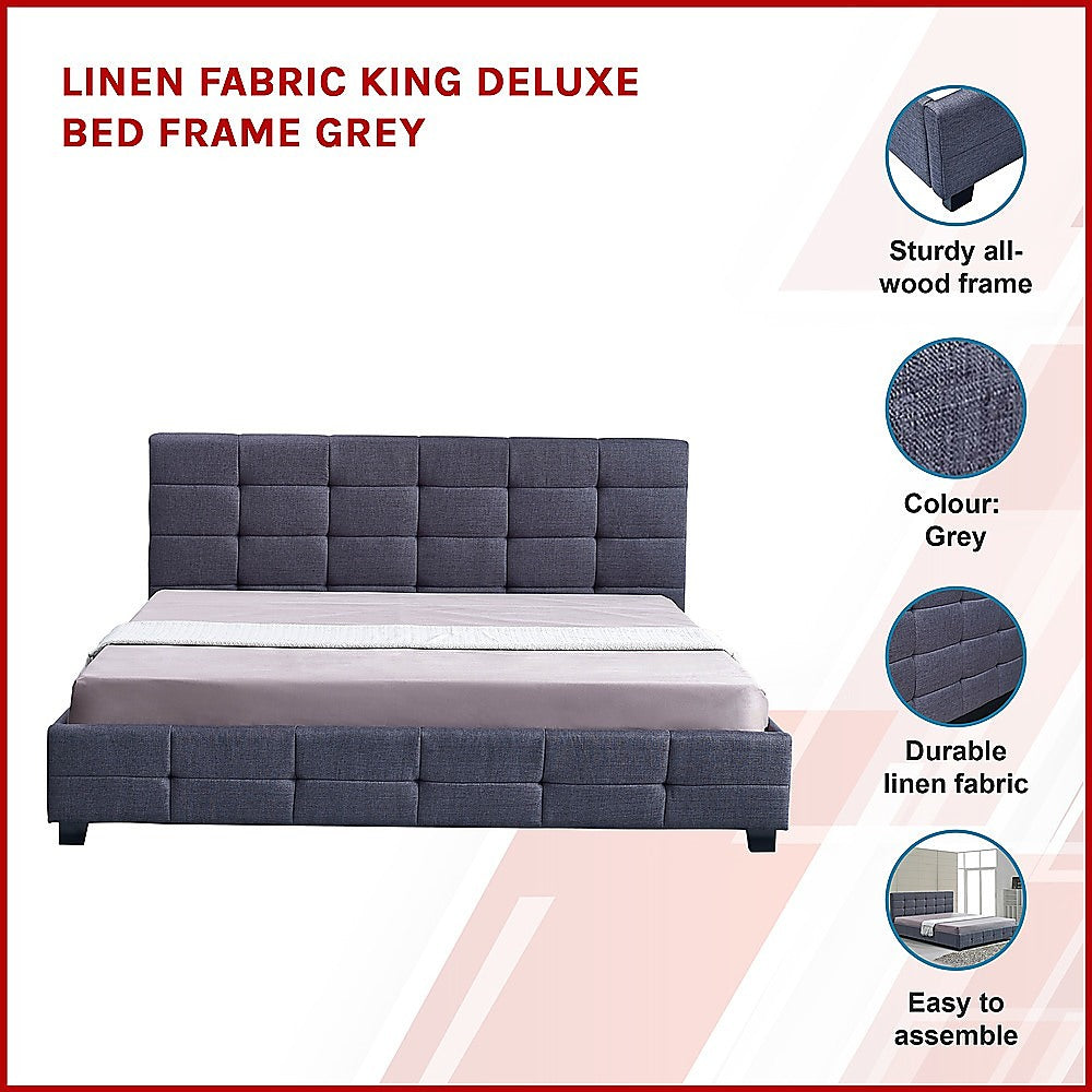 Linen Fabric King Deluxe Bed Frame Grey-Furniture > Bedroom-PEROZ Accessories