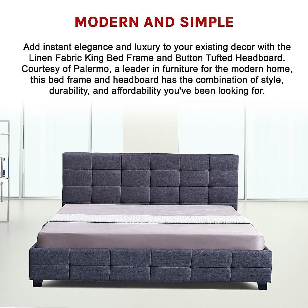 Linen Fabric King Deluxe Bed Frame Grey-Furniture > Bedroom-PEROZ Accessories