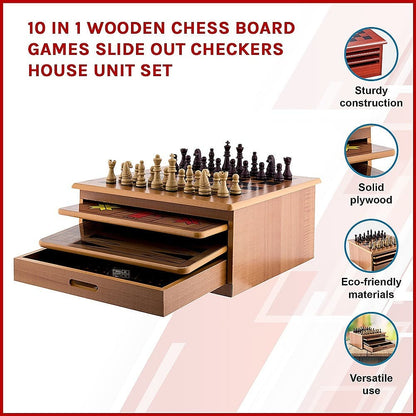 10 in 1 Wooden Chess Board Games Slide Out Checkers House Unit Set-Baby &amp; Kids &gt; Baby &amp; Kids Others-PEROZ Accessories