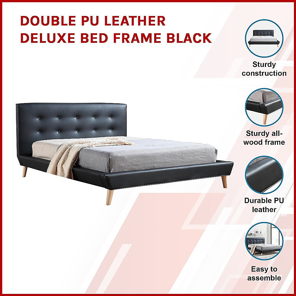 Double PU Leather Deluxe Bed Frame Black-Furniture > Bedroom-PEROZ Accessories
