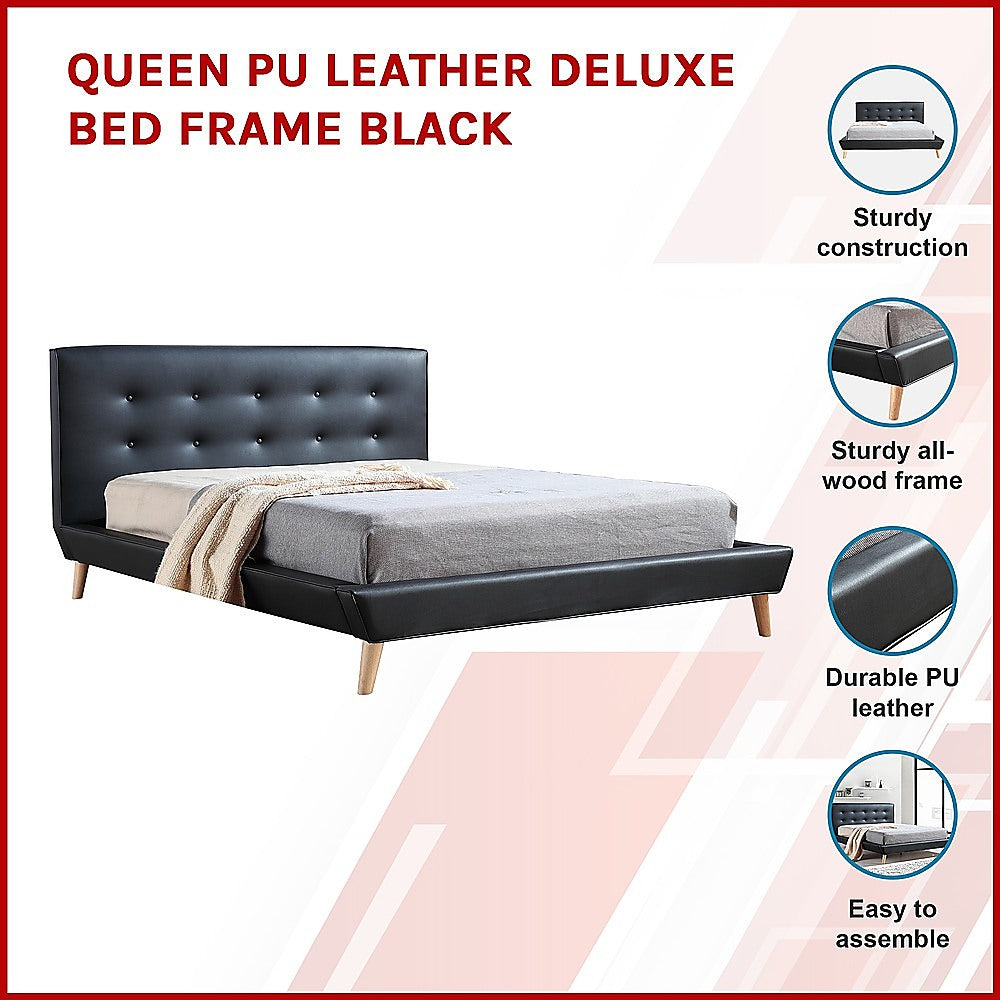 Queen PU Leather Deluxe Bed Frame Black-Furniture > Bedroom-PEROZ Accessories