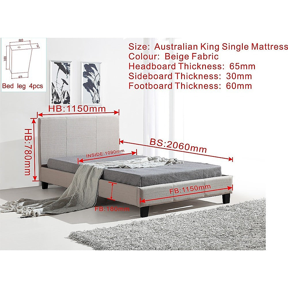 King Single Linen Fabric Bed Frame Beige-Furniture > Bedroom-PEROZ Accessories