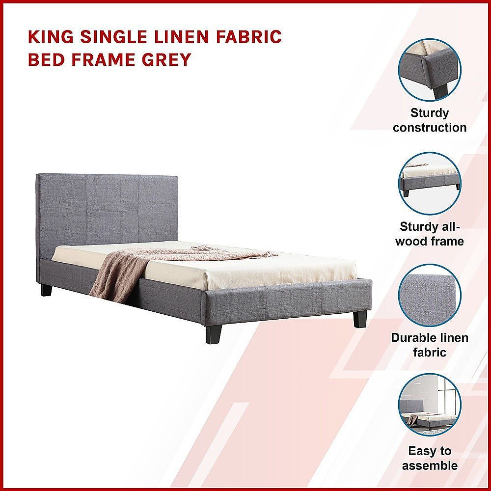 King Single Linen Fabric Bed Frame Grey-Furniture > Bedroom-PEROZ Accessories