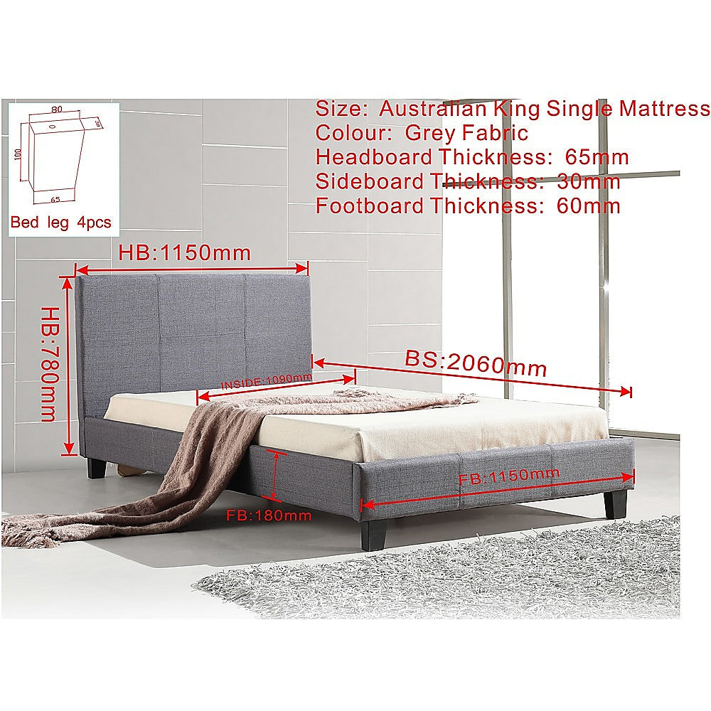 King Single Linen Fabric Bed Frame Grey-Furniture > Bedroom-PEROZ Accessories