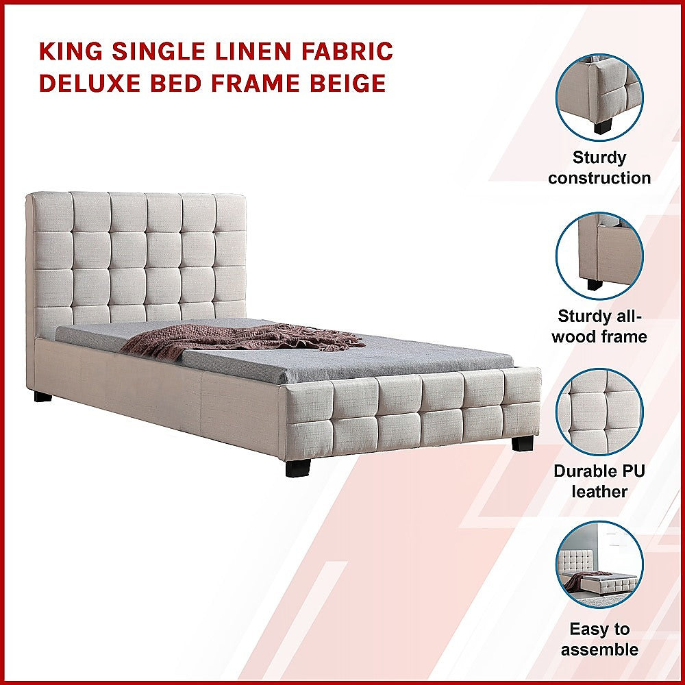 King Single Linen Fabric Deluxe Bed Frame Beige-Furniture > Bedroom-PEROZ Accessories