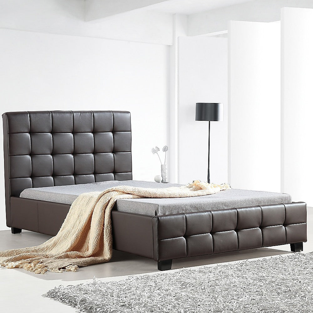 King Single PU Leather Deluxe Bed Frame Brown-Furniture > Bedroom-PEROZ Accessories
